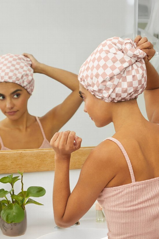 Checkered Satin Lined Shower Cap Checkered Satin Lined Shower Cap
